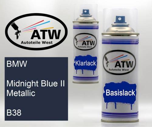 BMW, Midnight Blue II Metallic, B38: 400ml Sprühdose + 400ml Klarlack - Set, von ATW Autoteile West.